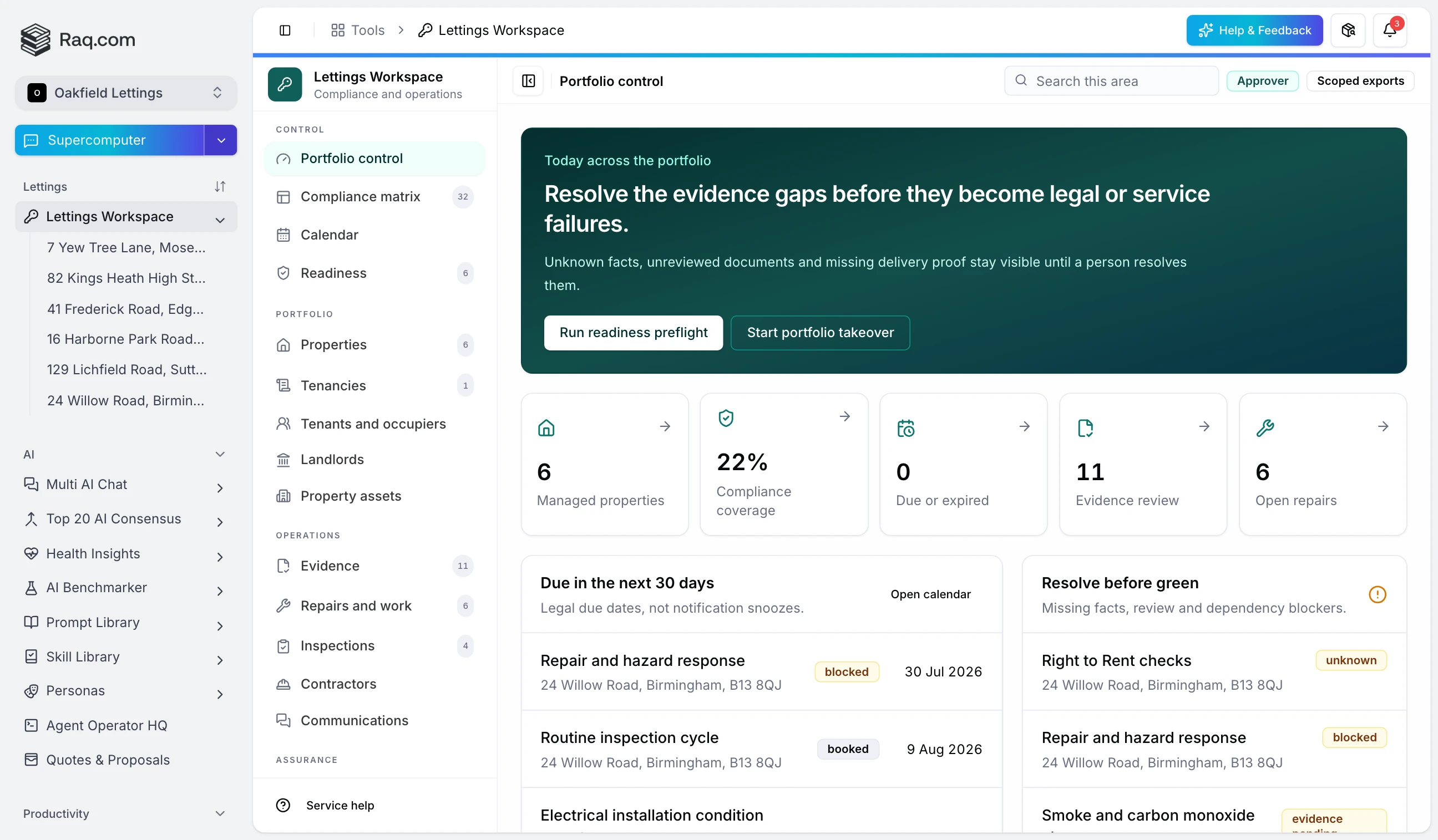 Letting agency portfolio command centre showing compliance risks, repairs, inspections and upcoming due dates