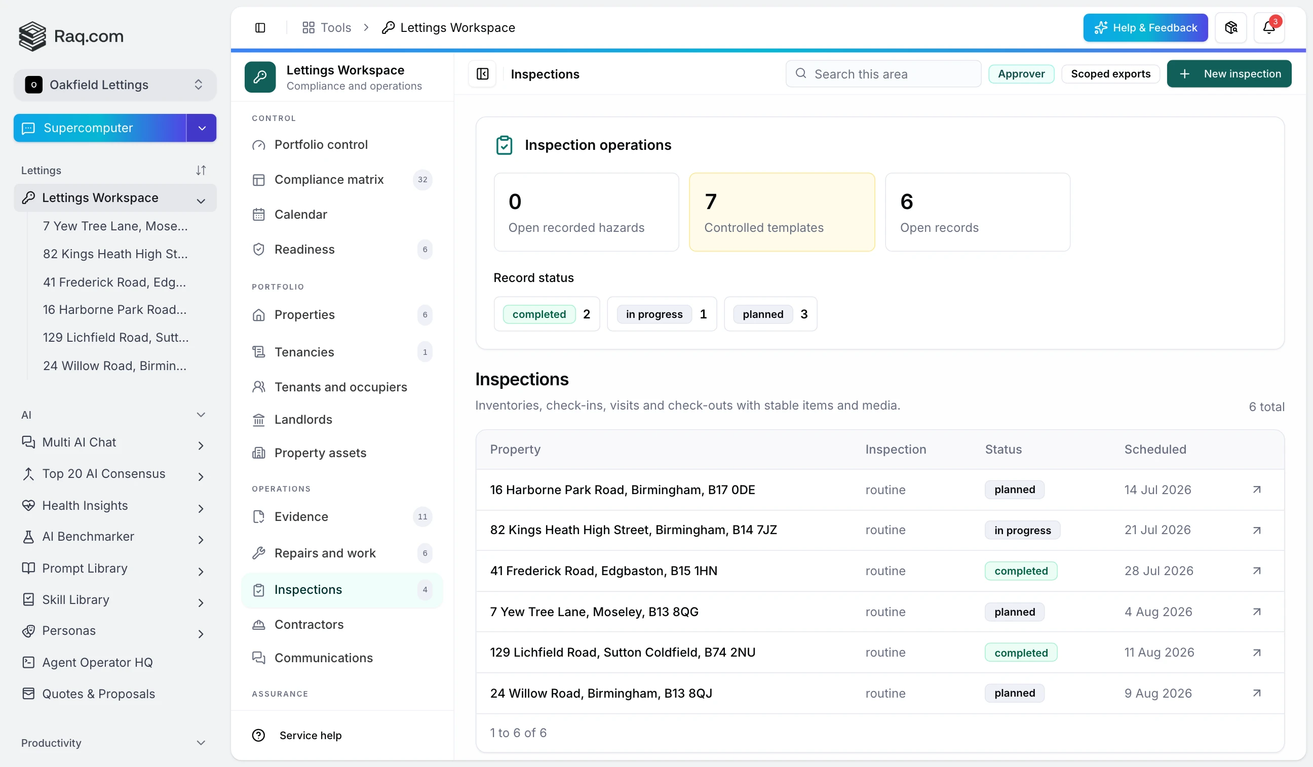 Property inspection workspace with scheduled visits, room-by-room evidence, findings and tenant responses